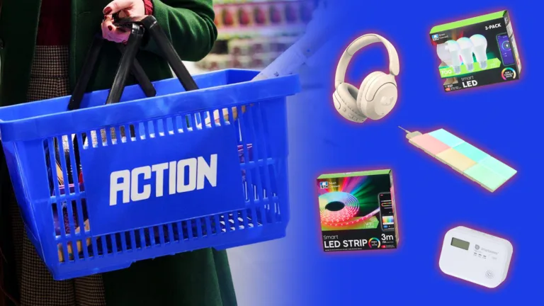 Koszyk zakupowy Action oraz produkty smart home: słuchawki, żarówki, taśma LED, panele świetlne i czujnik dymu