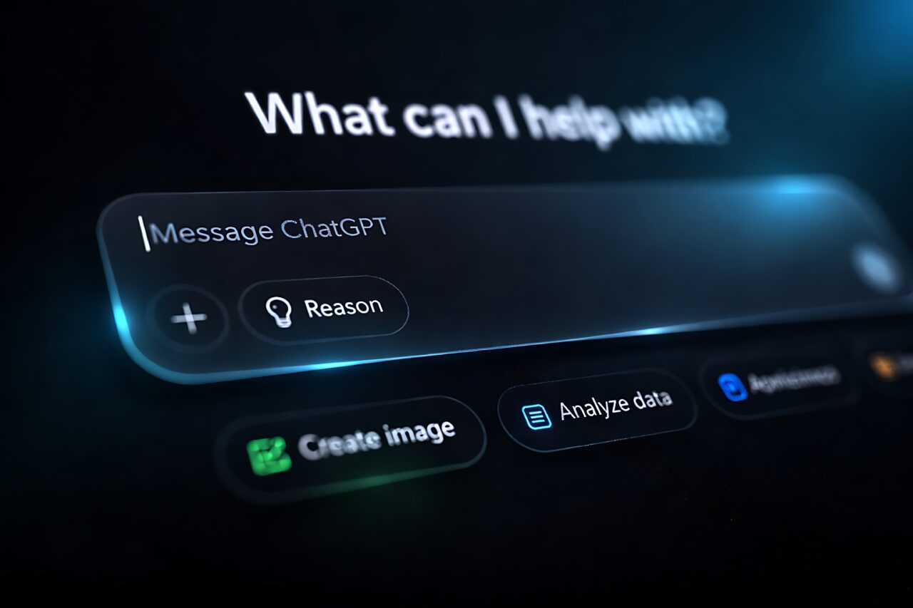Interfejs czatu z polem wpisu "Message ChatGPT" i przyciskami funkcyjnymi typu "Reason", "Create image" i "Analyze data" na ciemnym, niebieskim tle. To superaplikacja ChatGPT