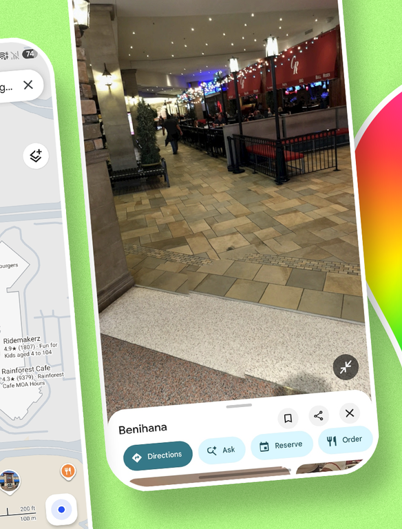 Google Maps showing a mall's indoor floor plan and a 360-degree view, alongside the Google Maps logo.