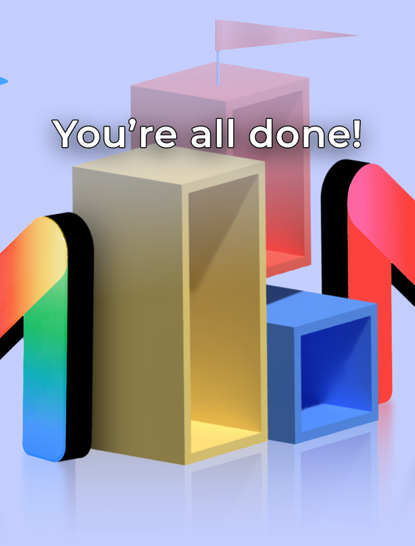 Two colorful 3D Gmail logos with an empty inbox and a 'You’re all done' message.