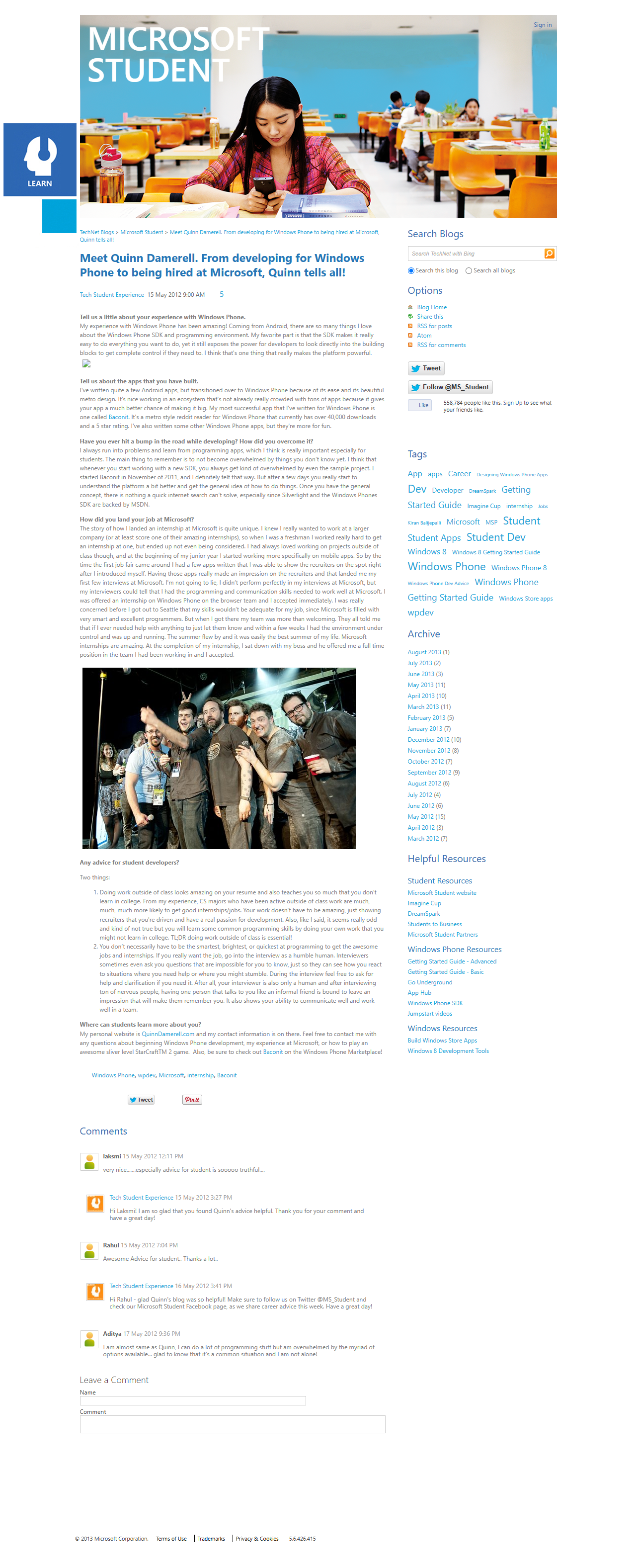 Full-page screenshot of the Microsoft Student blog post