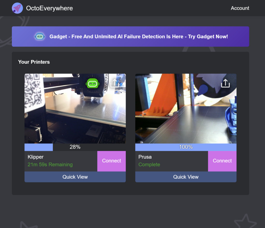 OctoEverywhere's User Dashboard Showing Live Webcams And Printer Status