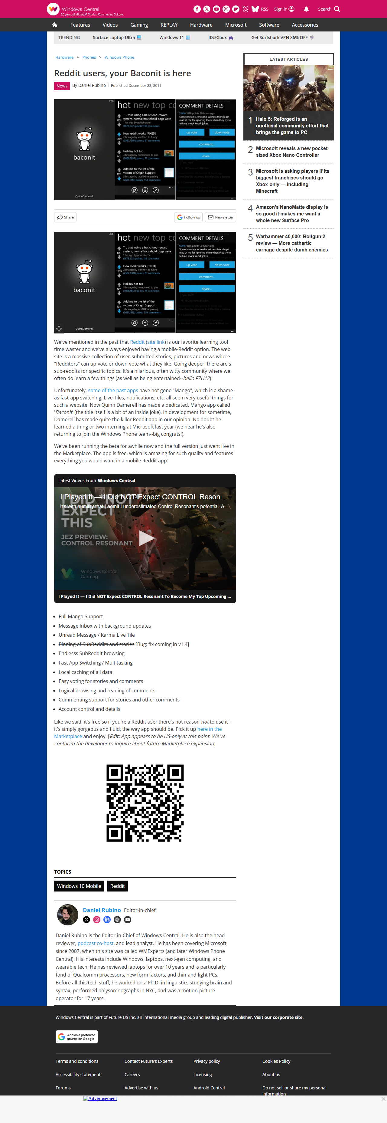Full-page screenshot of the Windows Central article