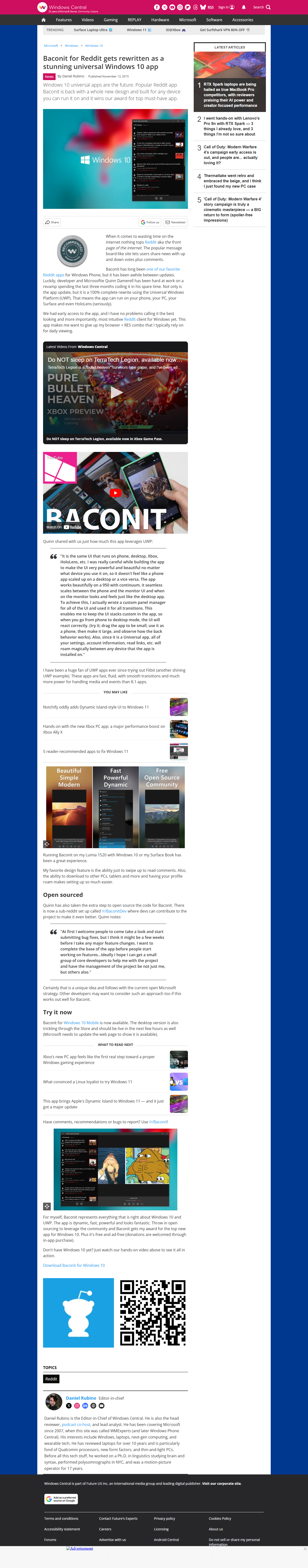 Full-page screenshot of the Windows Central article