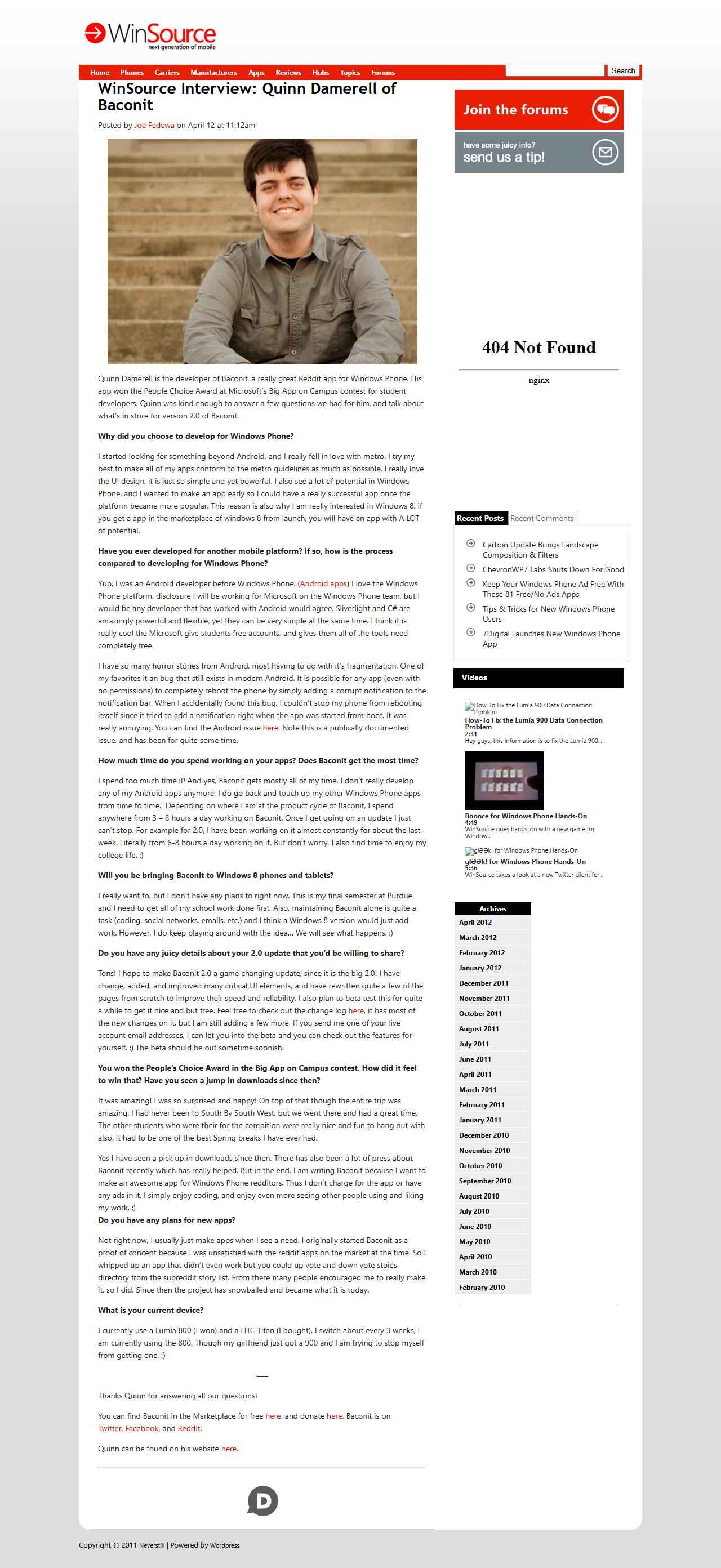 Full-page screenshot of the WinSource interview